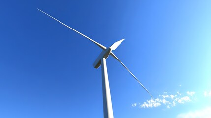 A low-angle view of a three-bladed wind turbine against a vibrant blue sky with a few wispy clouds.  Clean energy, renewable resource