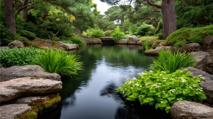 Beautiful japanese garden with pond reflecting surrounding vegetation
