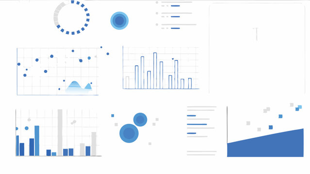 Illustration showing various data visualizations including bar graphs and scatter plots in blue and white