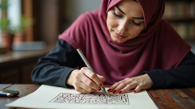  A woman in a dark pink hijab writing calligraphy on paper. Muslim business. Authentic Arabian style.
