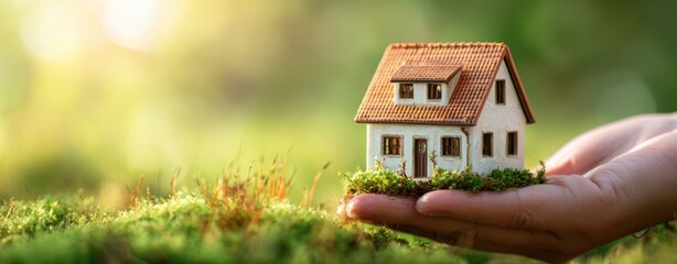 The hand supporting a miniature house in a serene natural setting.