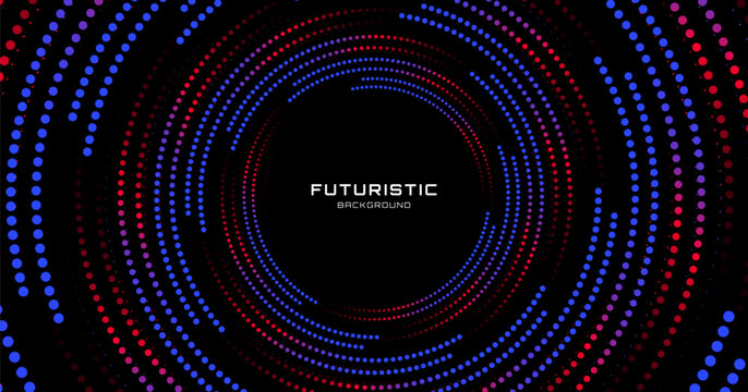 Blue red techno background on dark space with dotted lines effect decoration. Modern graphic design element with glowing dots circles style concept for web banner, art, flyer, card, or brochure cover