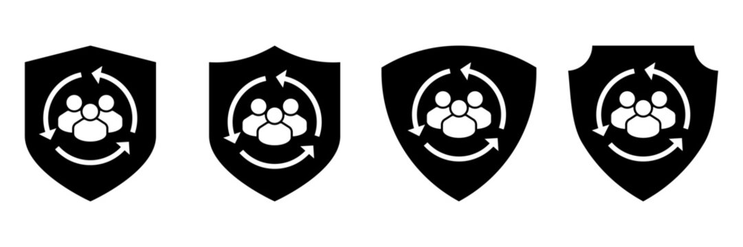 User protection icon set. Shield with people and arrows symbolizing secure communication, privacy, teamwork, data safety, group management and community trust