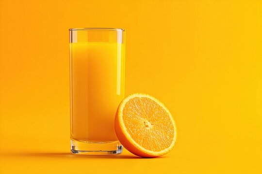 Glass of Orange Juice Against a Vibrant Yellow Background. A refreshing image perfect for advertisements or websites related to healthy drinks and summer vibes. High quality