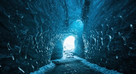 Mystic blue realm journey through a glacial tunnel into radiant natural light