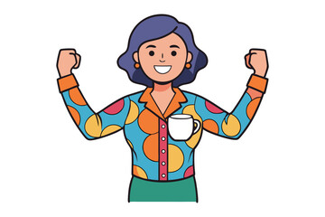 Energetic woman with purple hair and colorful shirt flexing biceps and holding a coffee cup