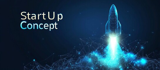 A stylized rocket launching, representing a startup's journey, depicted in vibrant blue and white, with a network of connections