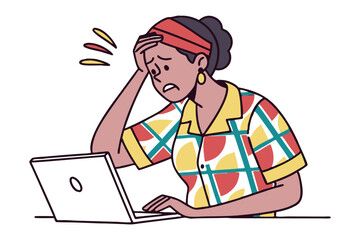 Frustrated woman holding her head while working on a laptop with a confused expression and stress lines