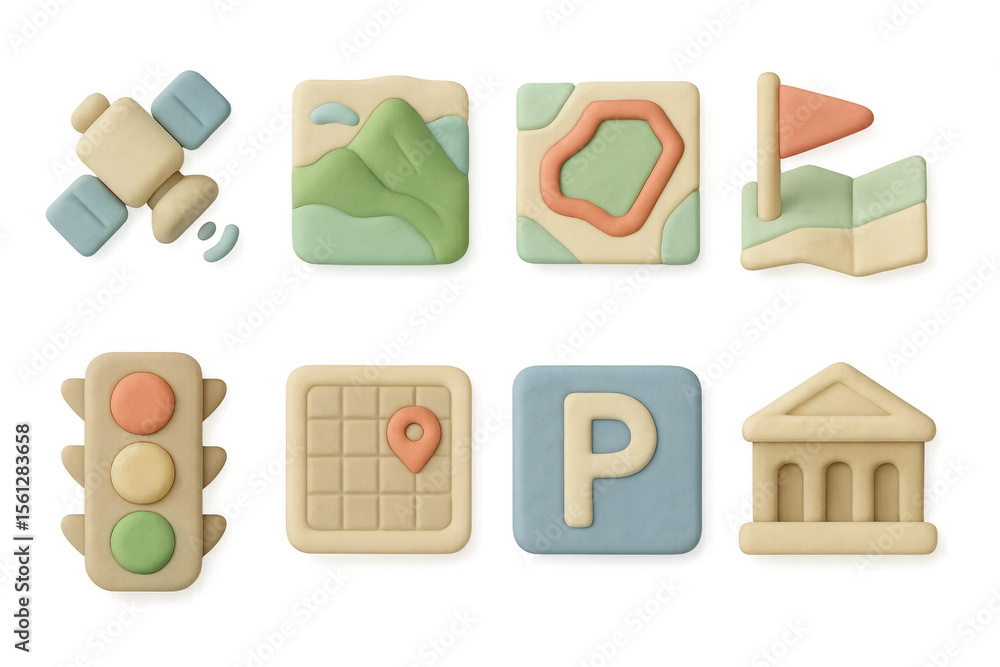 Poster 3d map icons illustration - collection of navigation and location symbols in grid layout