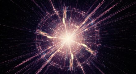 Fototapeta premium Abstract visualization of a vibrant cosmic explosion with radiating energy and glowing particles against a dark void