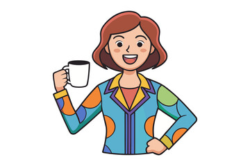 Joyful cartoon woman with short brown hair wearing a colorful patterned jacket holds a white mug of coffee or tea