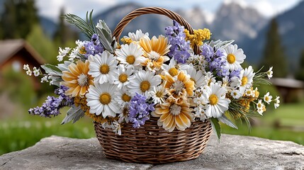 Wicker basket filled with daisies and wildflowers high resolution wallpaper