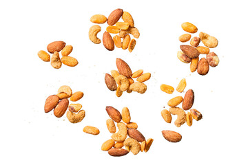 Assortment of almonds and cashews with a light coating isolated on transparent background