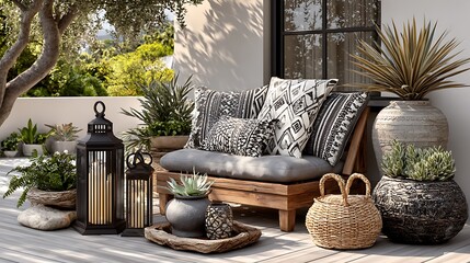 Wooden outdoor furniture with geometric cushions and succulents high resolution picture