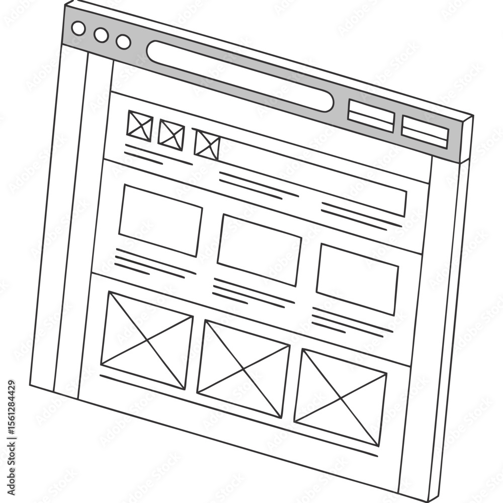 Poster isometric view of a website layout with placeholder images and text elements in a wireframe style de