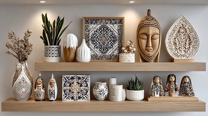 Artistic shelf decor with tribal masks and pottery collection high resolution photo