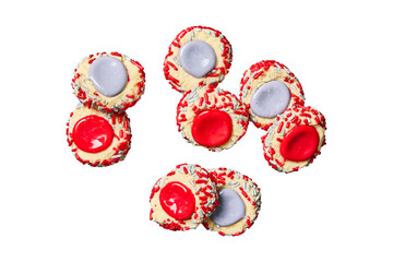 Group of seven decorated sugar cookies with red and purple icing and sprinkles isolated on...