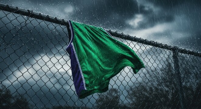 Abandoned athletic dreams a solitary jersey hangs in somber rain amidst the storm's embrace