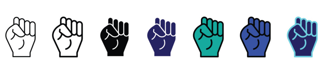 Fist Raised Icon Set in Line, Solid, and Color Styles for Power, Protest, and Solidarity Themes