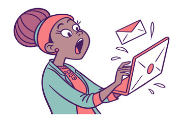Shocked woman with wide eyes and open mouth reacting to an incoming email on her laptop with a flying envelope