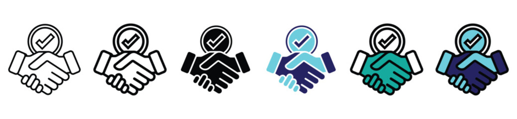 Handshake with Checkmark Icon Set – Business Agreement, Approval, and Partnership Symbol in Various Styles


