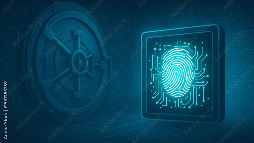 Poster a futuristic digital fingerprint graphic displayed beside a secure vault door, symbolizing advanced 