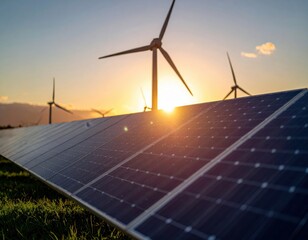 Solar panels and wind turbines harness renewable energy at sunset, symbolizing sustainable and eco-friendly power solutions.