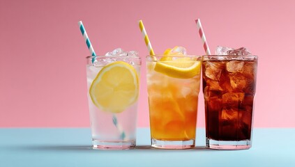 Three drinks with ice and straws in glasses, including lemonade, iced tea, and a cocktail, with empty space for text. High quality
