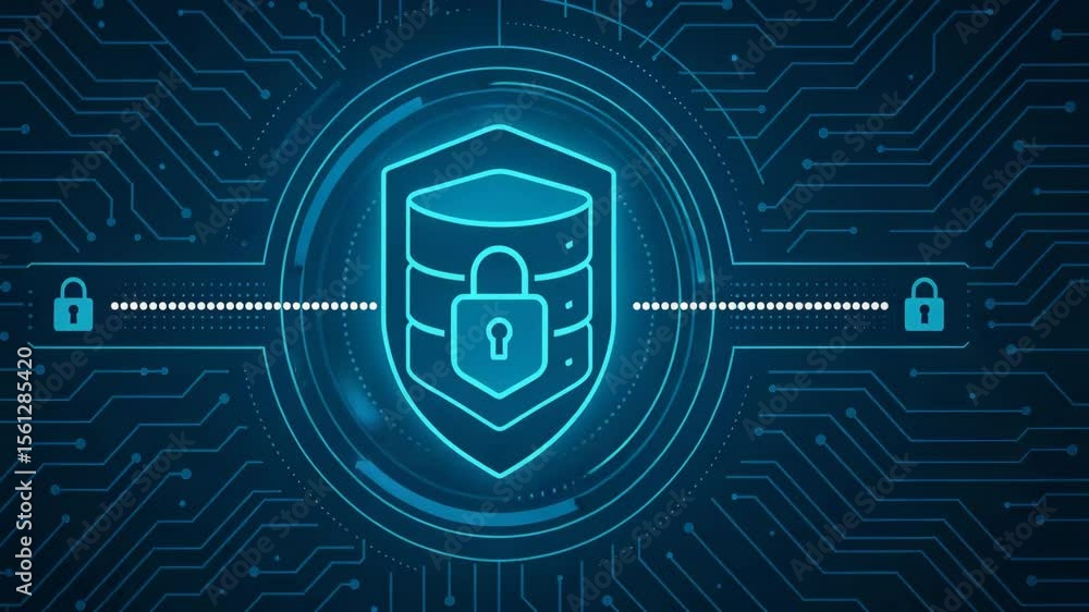 Poster a high-tech illustration showcasing a digital shield with locks, symbolizing cybersecurity and data 