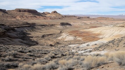 Arid landscape showcasing diverse rock formations, canyons, and scrub vegetation under a partly cloudy sky