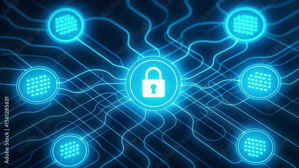 Poster a vibrant digital illustration showcasing a central padlock symbol interconnected with various nodes