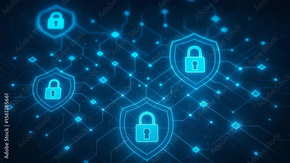 Poster a vivid representation of digital security featuring blue locks and circuitry. this image symbolizes