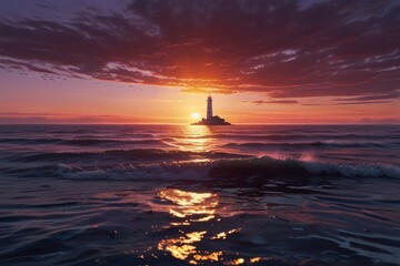 Lighthouse and ocean waves with beautiful sky in sunset time
