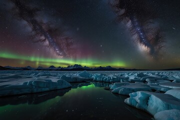 Snow mountain and ocean with double galaxy night sky