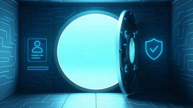 A futuristic digital vault emphasizes security with a glowing entrance, biometric scanning, and a shield symbol. Perfect for concepts of safety, data protection, and innovation. - Powered by Adobe