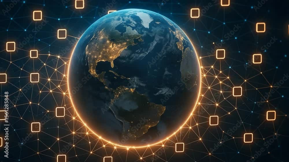 Poster a stunning digital representation of earth surrounded by interconnected data nodes, symbolizing glob