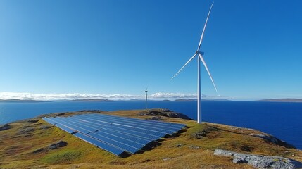 Coastal renewable energy installation featuring wind turbine and solar panels, set against a clear blue sky and ocean backdrop