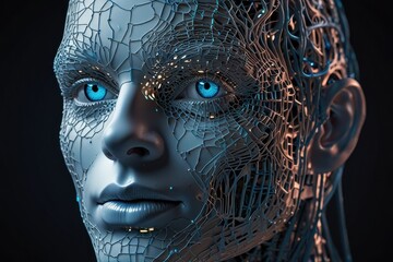 Closeup robot head with artificial nerve system and blue eyes
