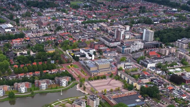An panoramic Aerial view of the old town of the city Drachten in the Netherlands on a cloudy morning in summer