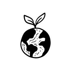 Hand-Drawn Earth with Leaf Doodle Vector – Global Eco Conservation Symbol Sketch Illustration