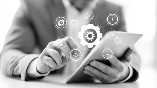 A businessman dressed in a suit is shown interacting with a tablet featuring holographic law and technology icons, suggesting the integration of digital innovation in legal services