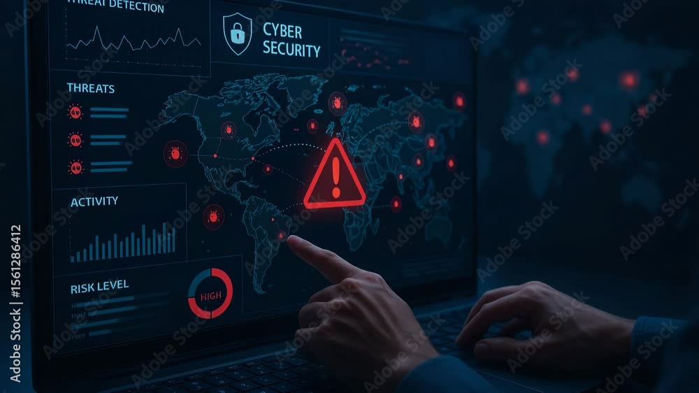 Poster a close-up view of a person interacting with a cyber security dashboard on a laptop, displaying glob