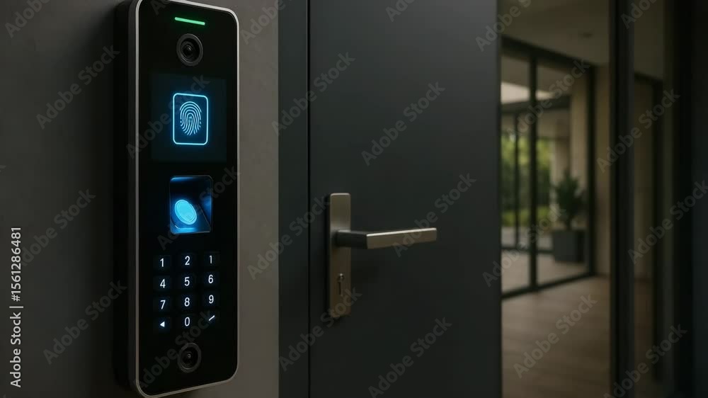Poster a close-up view of a person using a modern biometric door lock system