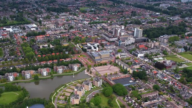 An panoramic Aerial view of the old town of the city Drachten in the Netherlands on a cloudy morning in summer