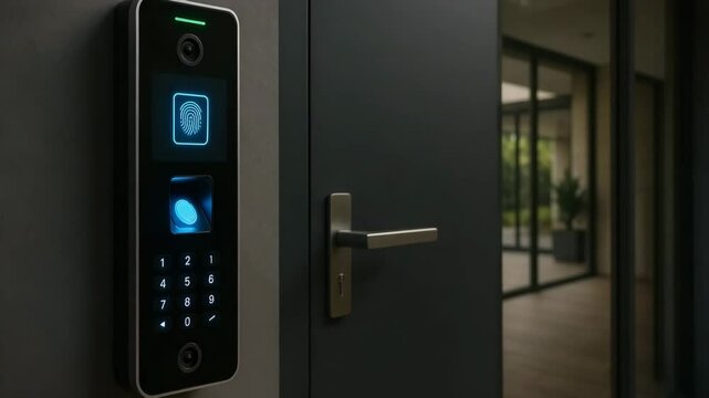 A close-up view of a person using a modern biometric door lock system