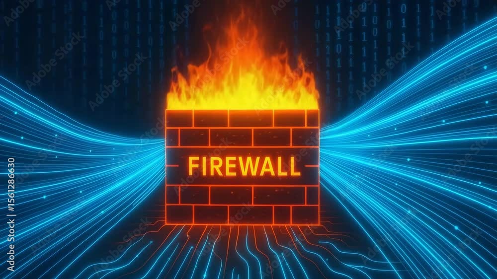 Poster a vibrant digital illustration of a firewall, depicted as a glowing brick wall with flames, symboliz
