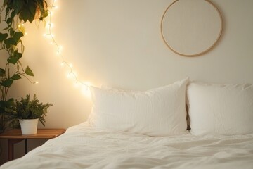 Cozy bedroom with warm lighting, soft pillows, and green plants