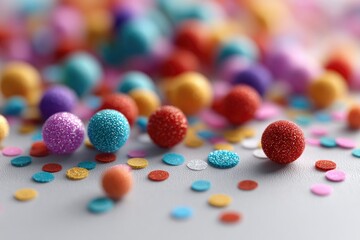 Colorful festive decorations scattered across bright surface, cr