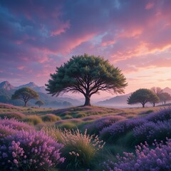 Lavender field at sunset in summer. Beautiful natural landscape.