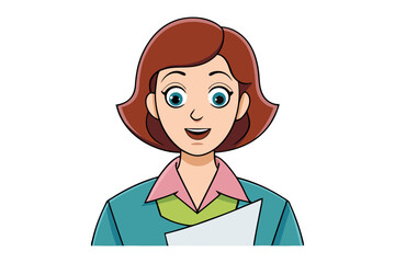Fototapeta premium Friendly cartoon woman with short brown hair and blue eyes wearing a teal jacket and pink shirt holding a document
